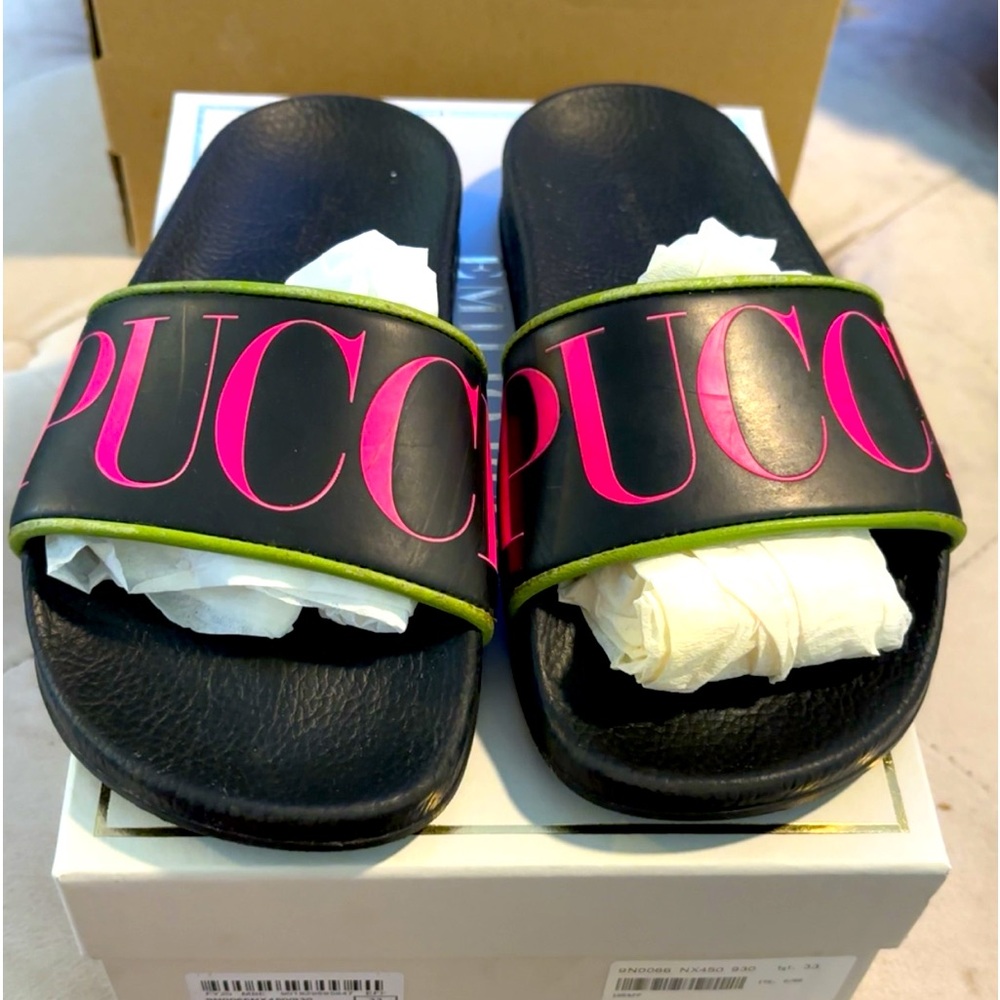 Emilio pucci hot pink/limegreen black kids slides size 33 100% authentic